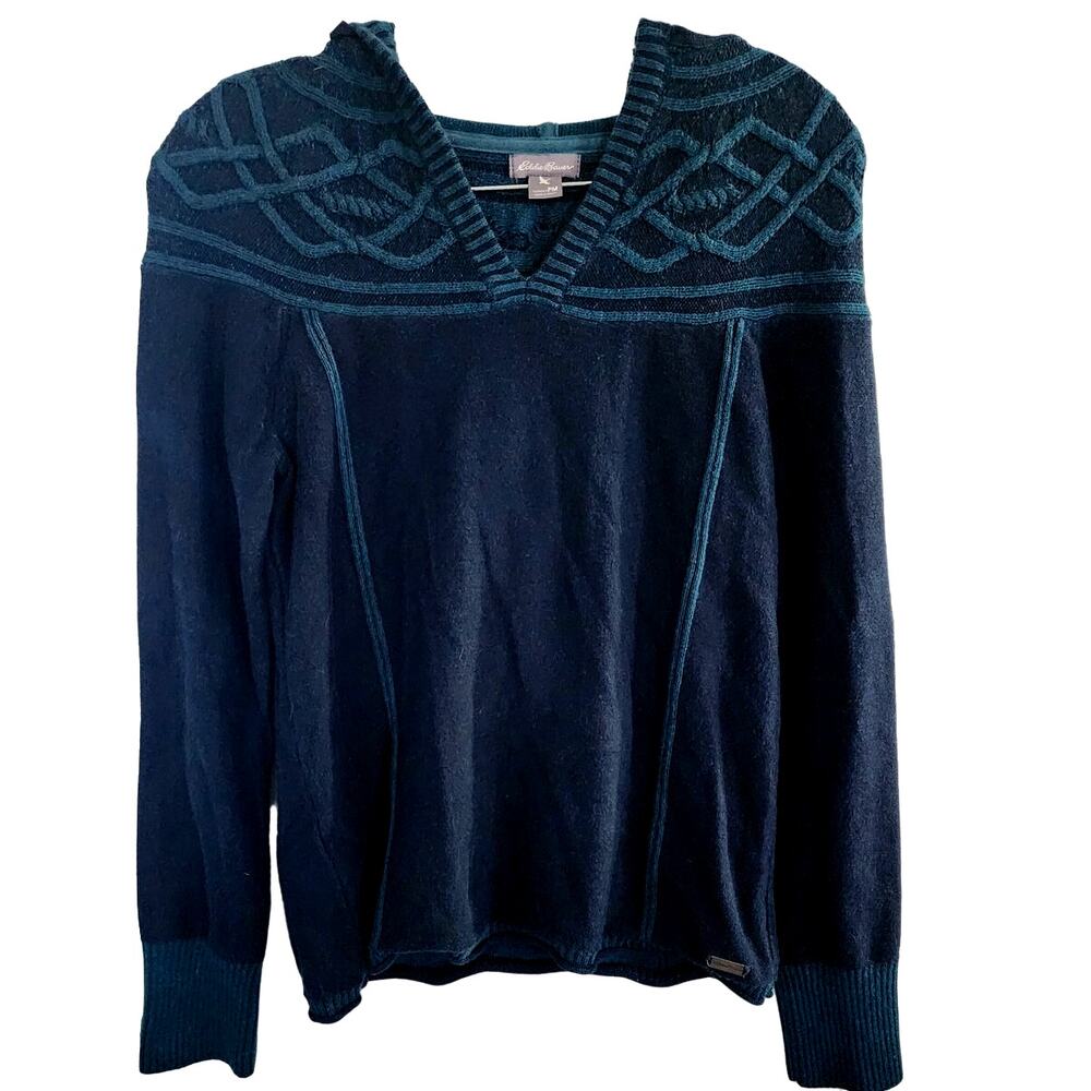 Eddie Bauer Shasta 2 Toned Blue Hooded Knit Sweater Petite Medium MP